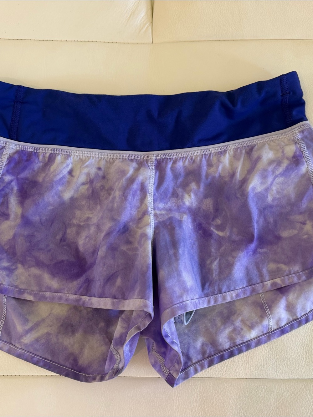 lululemon athletica Lavender Tie-Dye Shorts with Deep Blue Waistband